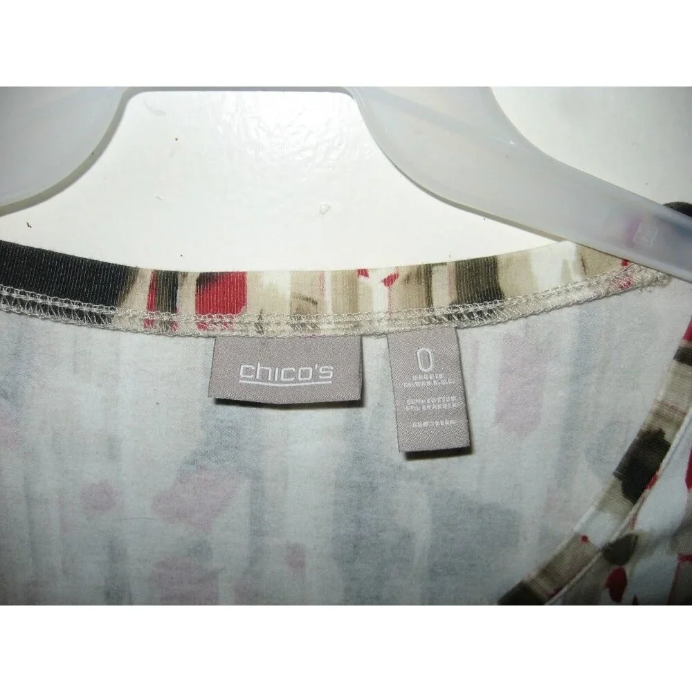 Chico's White Black Red Tan Paint Streaked 3/4 Sleeve Top 0 S 4